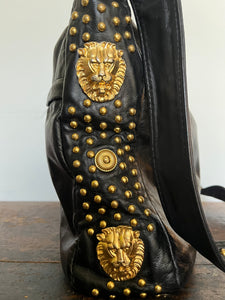 Vintage 90s black leather gold lion & studded accent messenger bag - Unisex