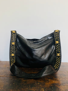 Vintage 90s black leather gold lion & studded accent messenger bag - Unisex