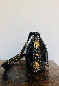 Vintage 90s black leather gold lion & studded accent messenger bag - Unisex