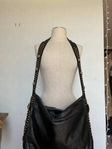 Vintage 90s black leather gold lion & studded accent messenger bag - Unisex