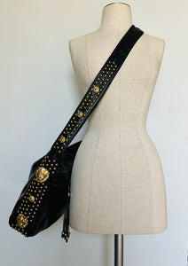 Vintage 90s black leather gold lion & studded accent messenger bag - Unisex